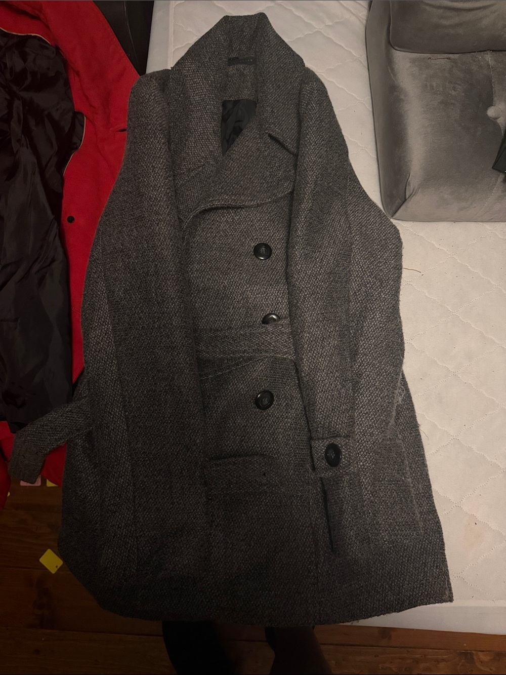 Suzy Shier Womens Gray Double-Breasted Pea Coat - Classic Wool Blend
